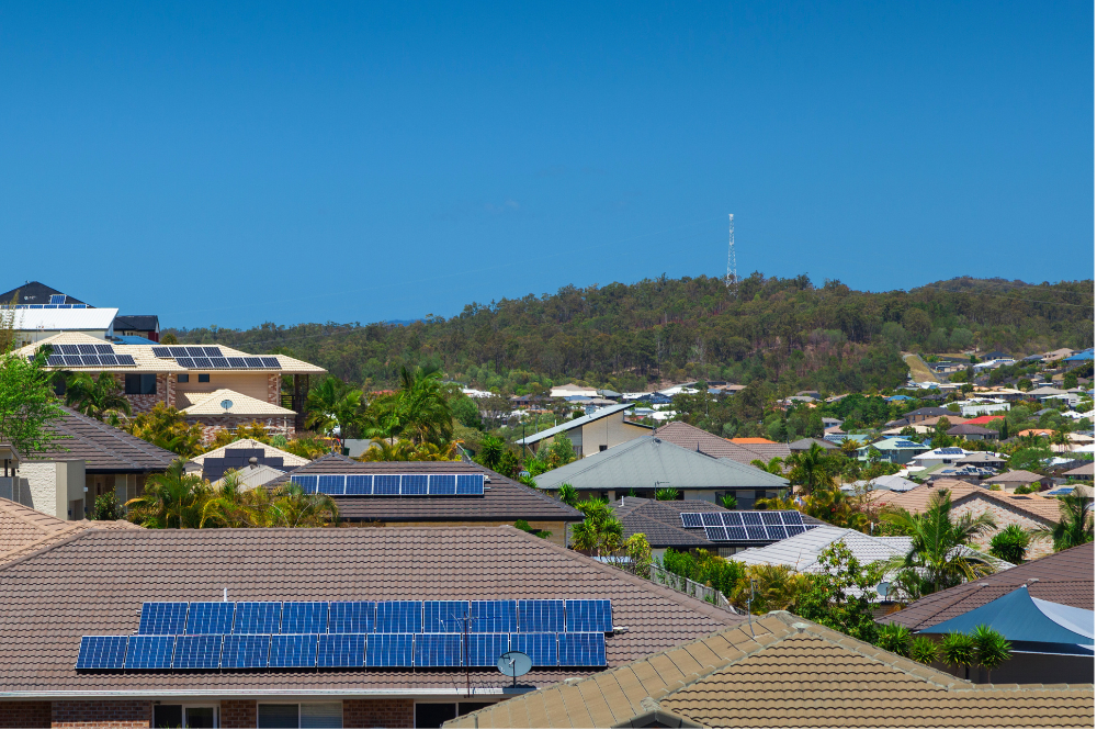 Image of Australian suburb with solar panels on the roofs.