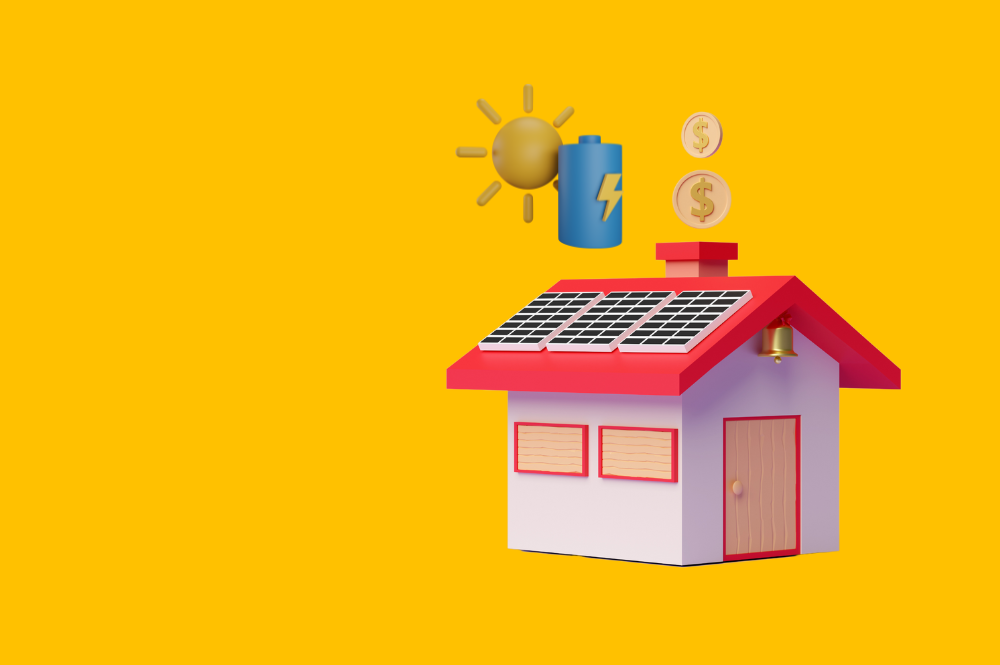 Illustration of a house with a hybrid solar system including a solar battery